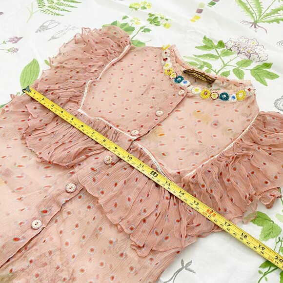 Varun Bahl Beaded Ruffled Nude Pink Polka Dot Sheer Cupro Button Up Blouse XS - Picture 7 of 11
